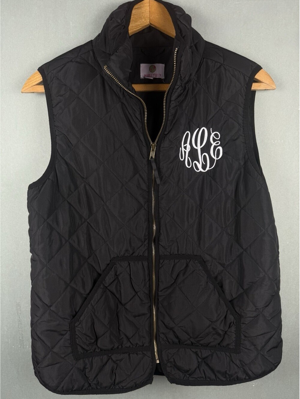 Marleylilly Women’s M Black Quilted Puffer Vest Monogram Embroidered Full Zip